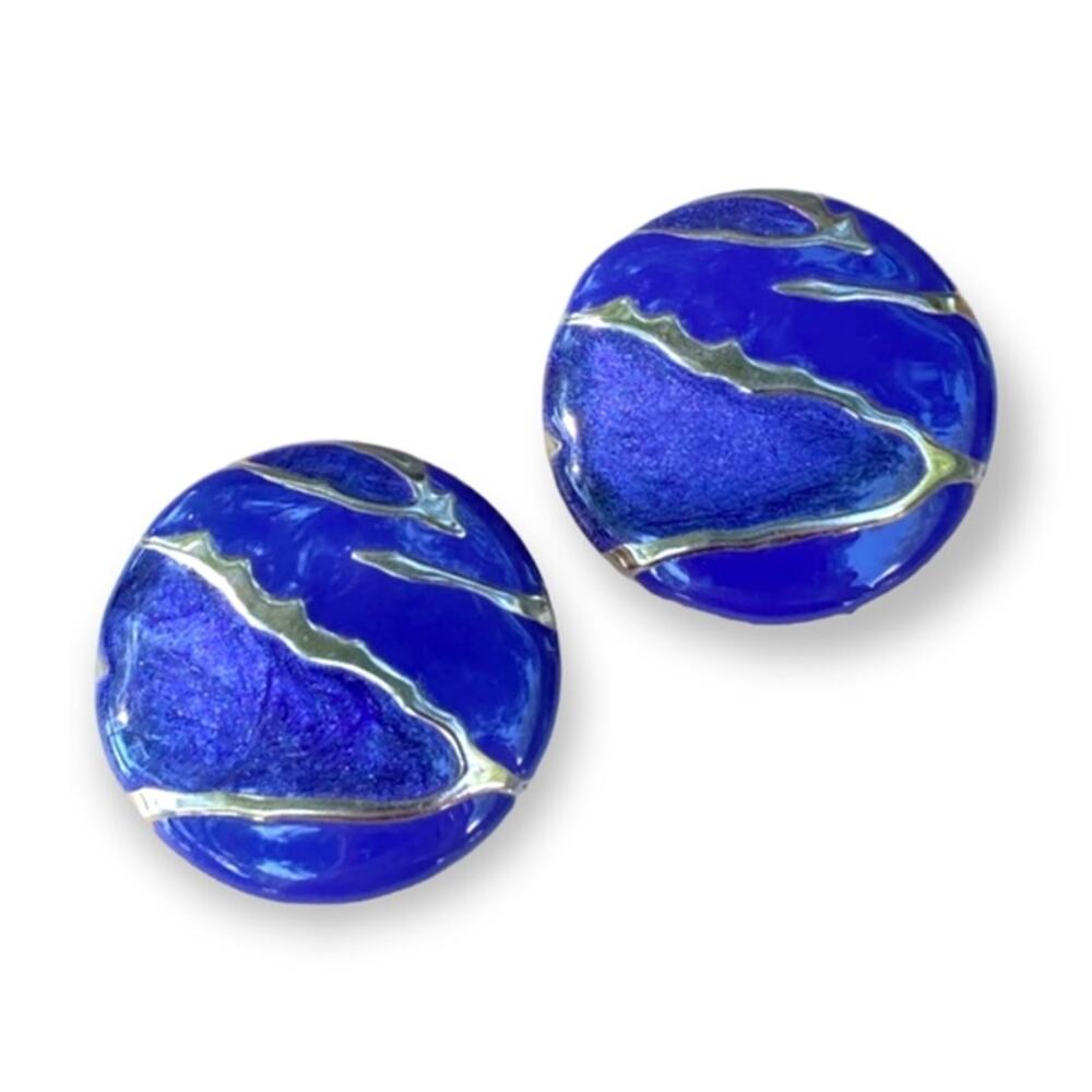 80s style blue gold zig zag post earrings